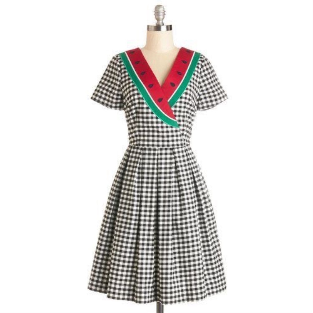 Bea & Dot by ModCloth Picnic Person Watermelon Dress Size S Gingham Fit & Flare